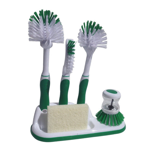 Powerstone 6-Piece Green Cleaning Brush Set - Includes 4 Brushes, Sponge Scrub & Holding Tray | Durable & Long-Handled | Ideal for Washing Dishes, Bottles, Utensils & Vegetables